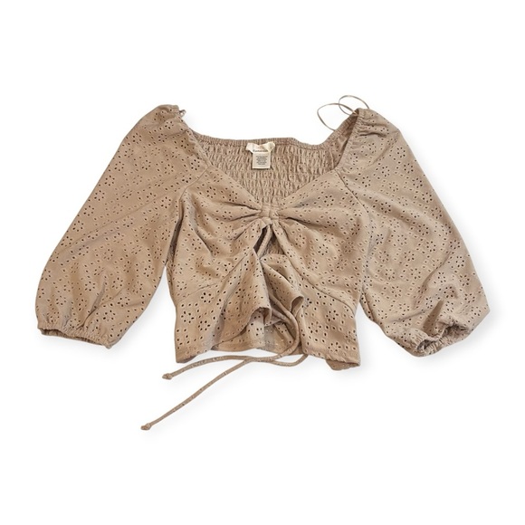 y2k light brown eyelet ruffle sleeve front tie smocked top coquette cottagecore - Picture 4 of 9